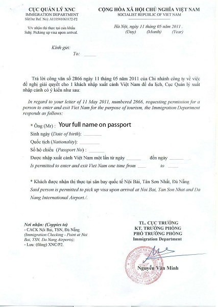 Private visa approval letter for Vietnam